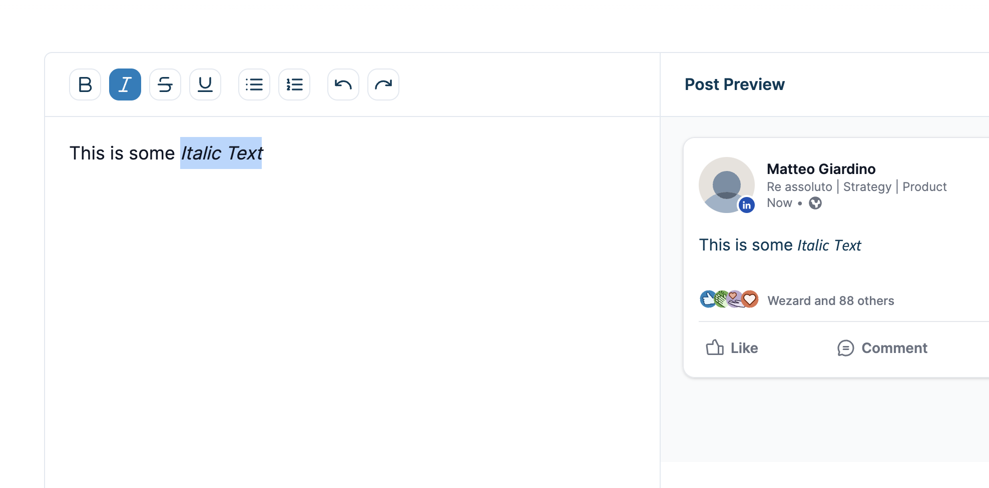 Italic formatting LinkedIn Post