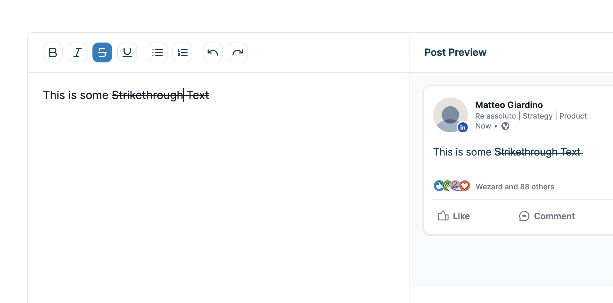 Strikethrough formatting LinkedIn Post